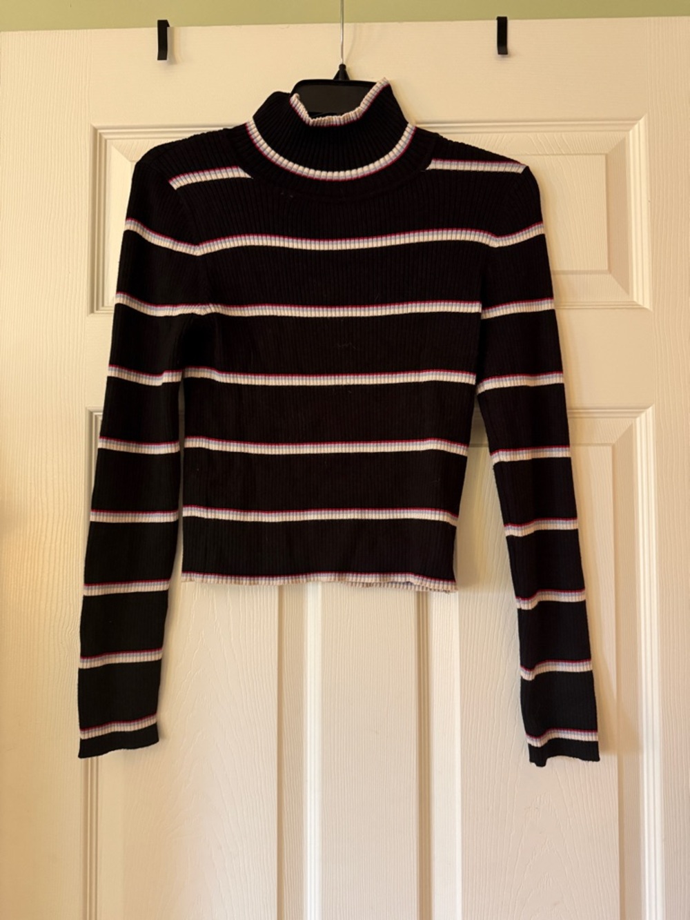 Pink Republic Black Ribbed Turtleneck with White and Pink Stripes
